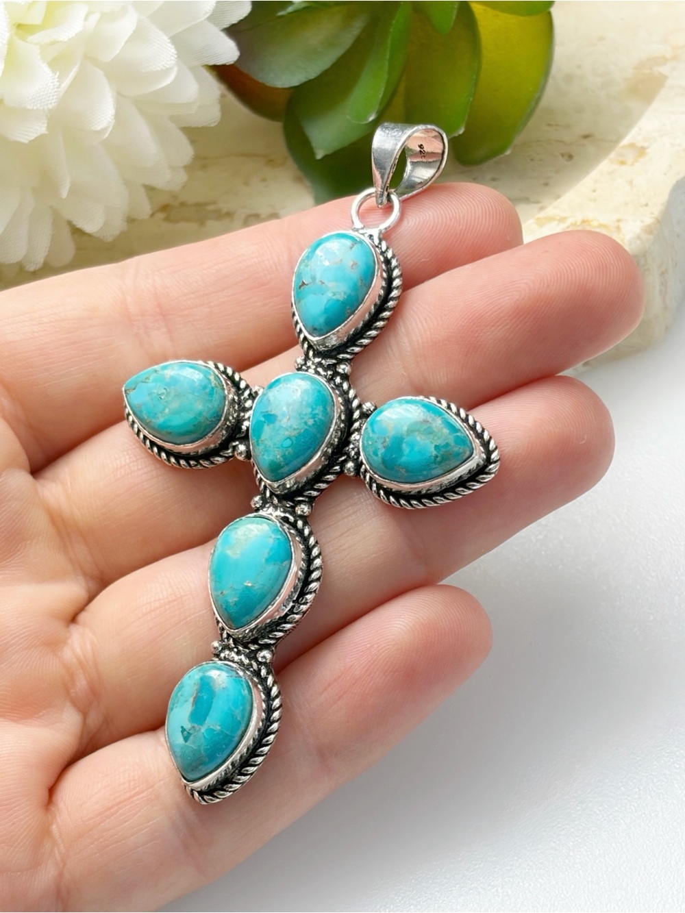 XXL Mohave Turquoise Cross Pendant Boho Southwest Vintage Style Handmade 925